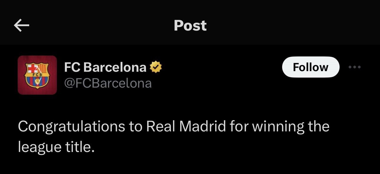 تبریک بارسلونا بابت قهرمانی رئال مادرید