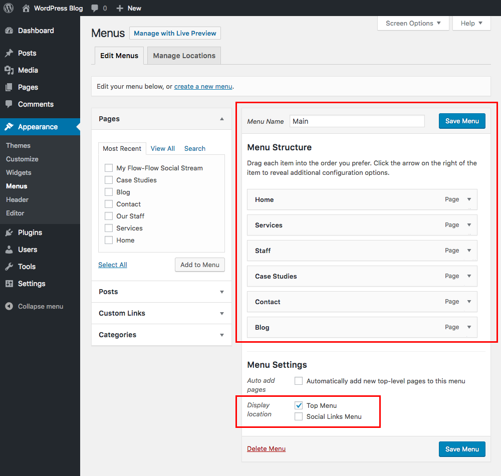 WordPress Menu Settings