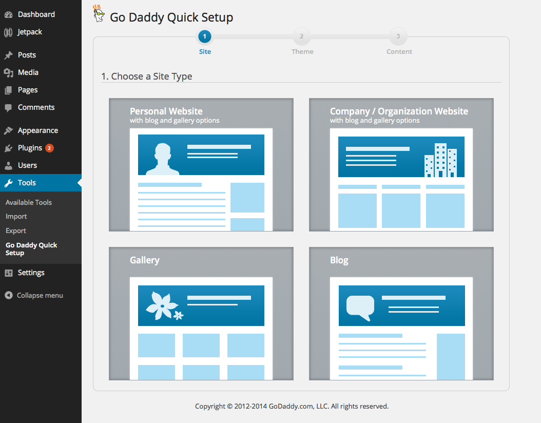 GoDaddy Quick Setup: Select Site Type