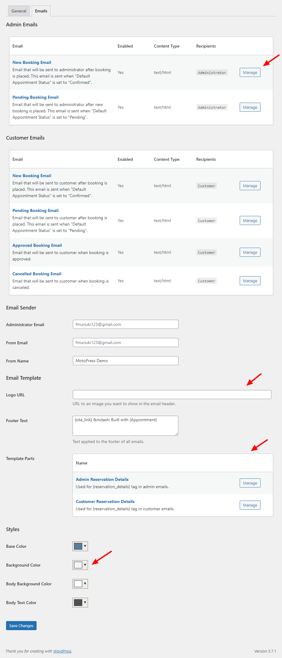 MotoPress WordPress Appointment Booking Plugin Email Settings