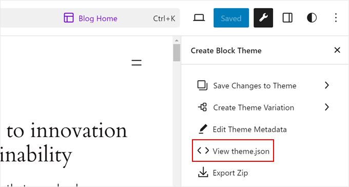 Viewing theme.json with Create Block Theme