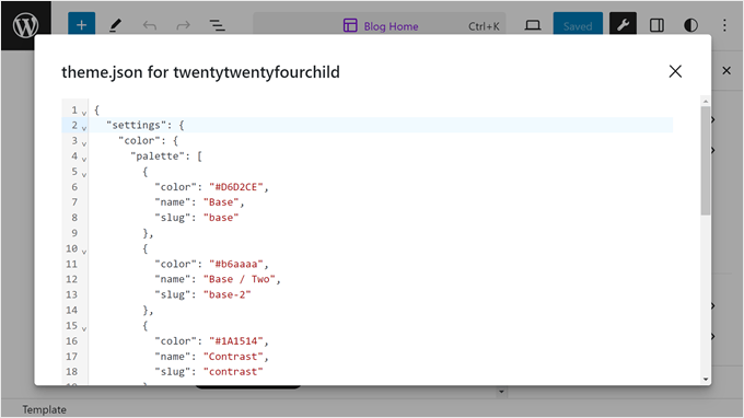 Viewing the newly edited theme.json in Create Block Theme