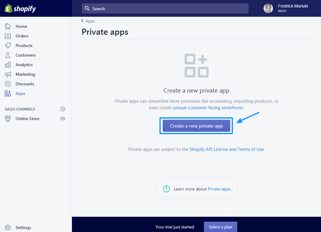 Create private app shopify
