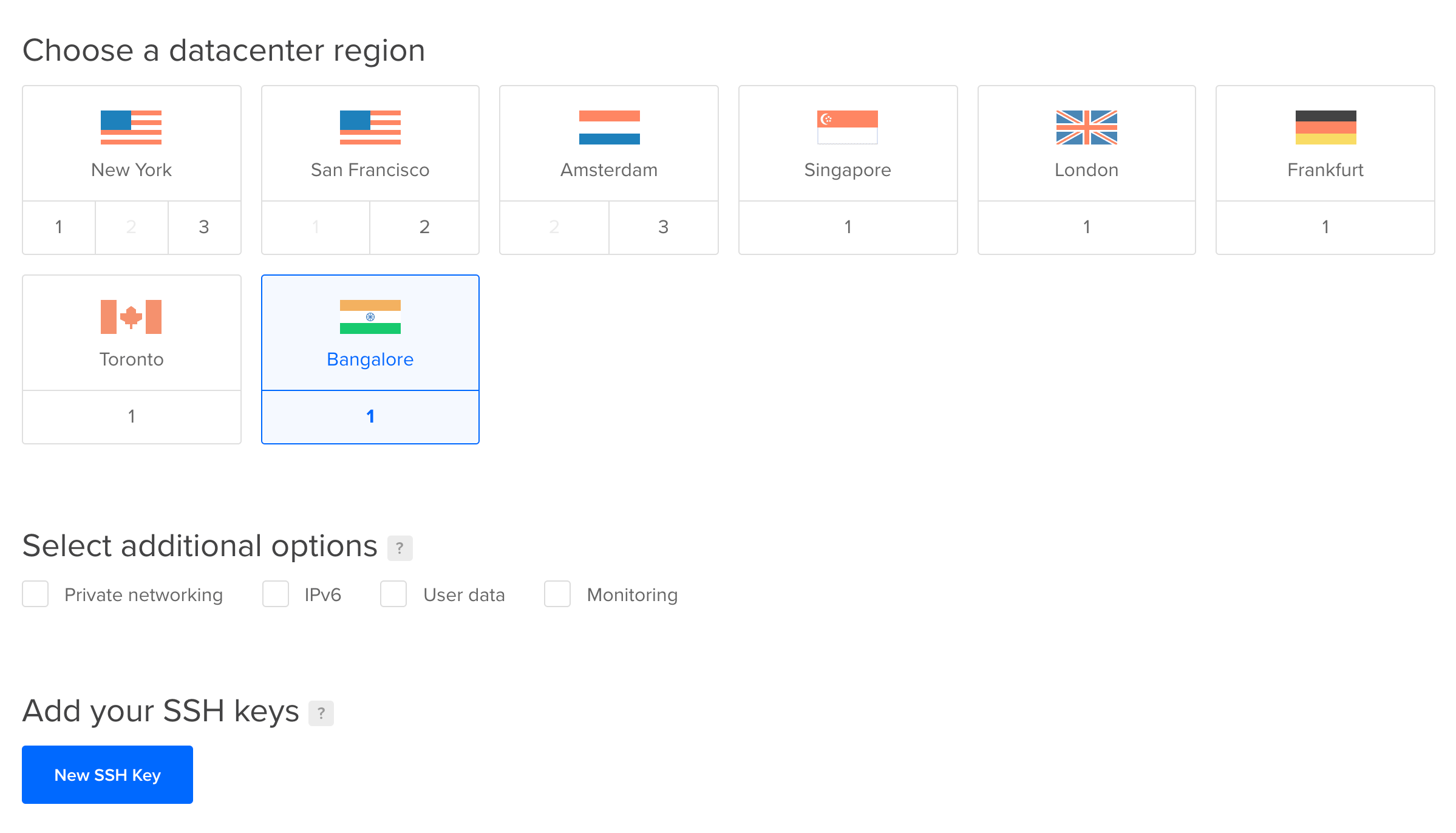 Datacenter location (and additional) options in a DigitalOcean droplet