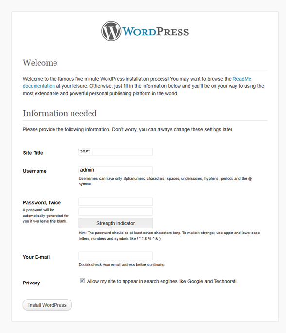 WordPress Install Welcome