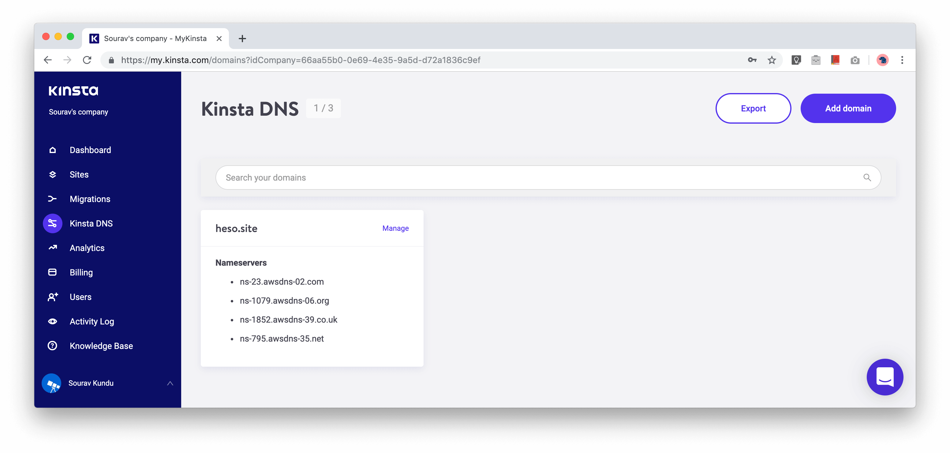 screenshot of Kinsta DNS