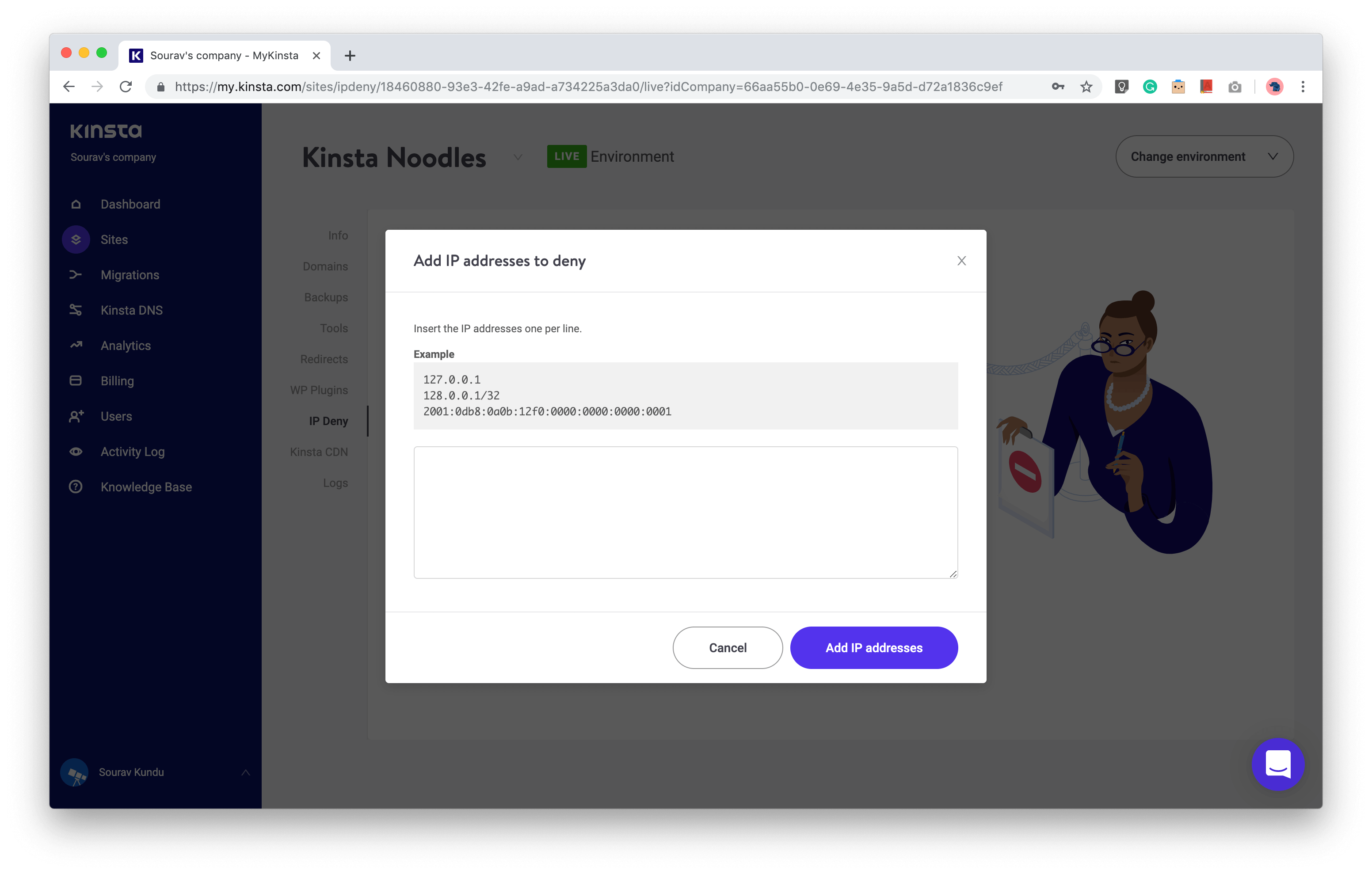 screenshot of Kinsta IP Deny security feature