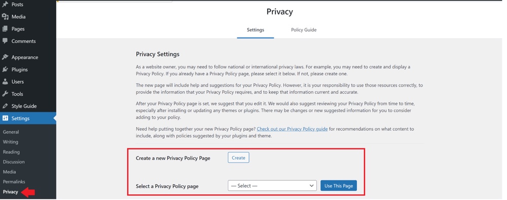 WordPress privacy policy page setting