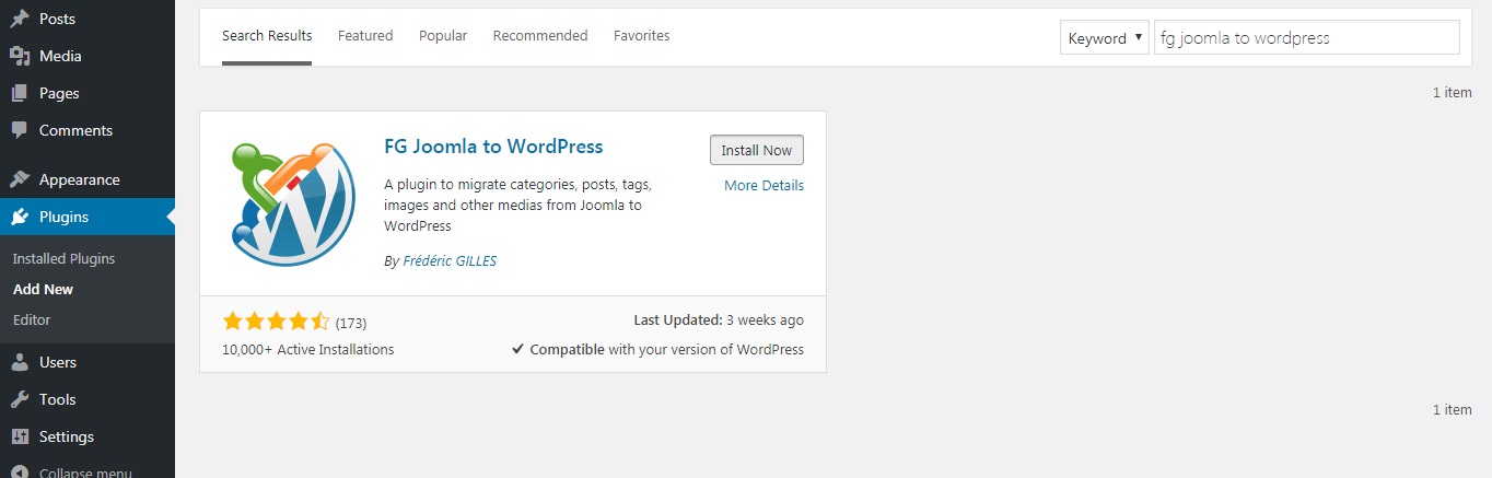 Install FG Joomla to WordPress Plugin