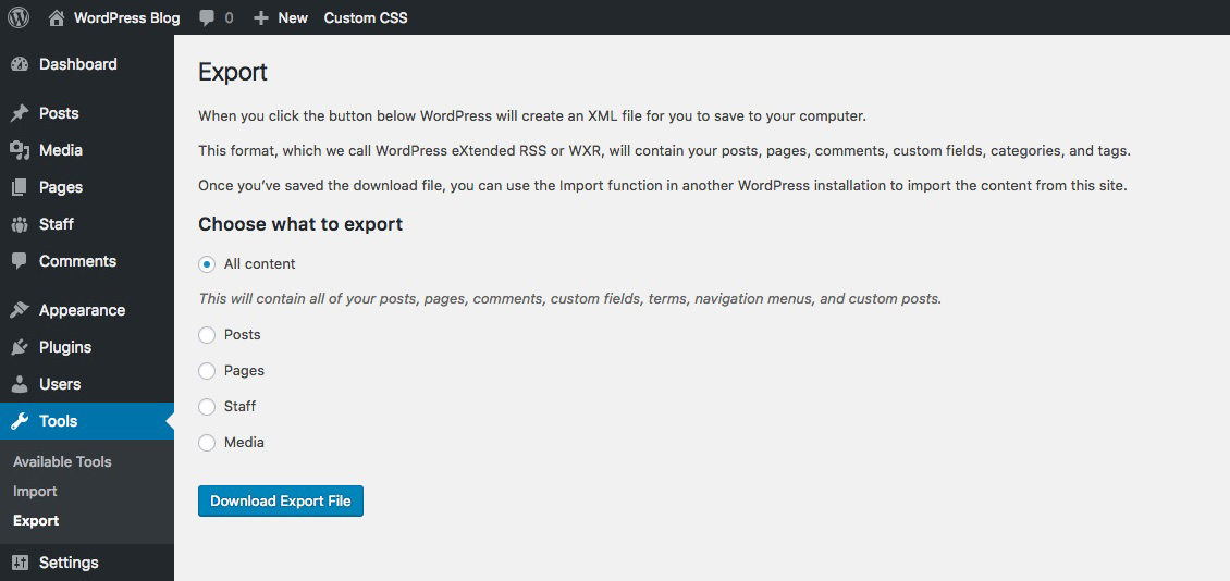 WordPress Download Export File