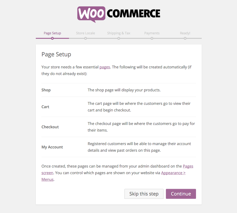 WooCommerce Setup: Pages