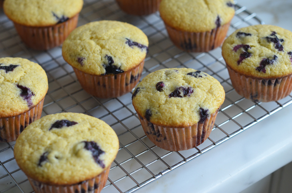 Blueberry cornbread muffins on a wire rack.