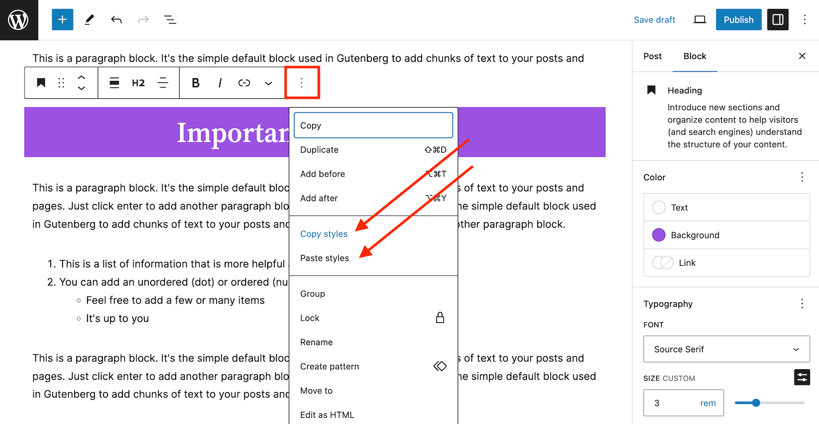 Copy and paste block styles