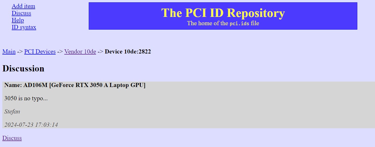 PCI-ID database RTX 3050 A