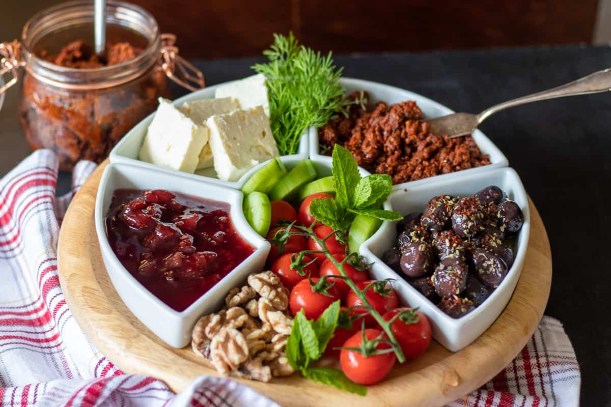 turkish breakfast items served on small plates