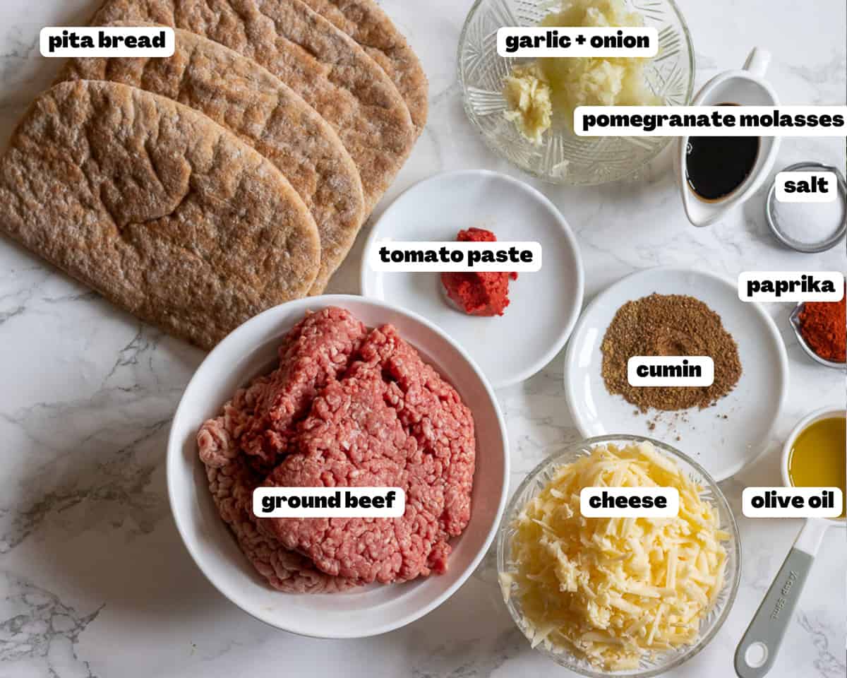 Labelled picture of ingredients for arayes-meat stuffed pitas