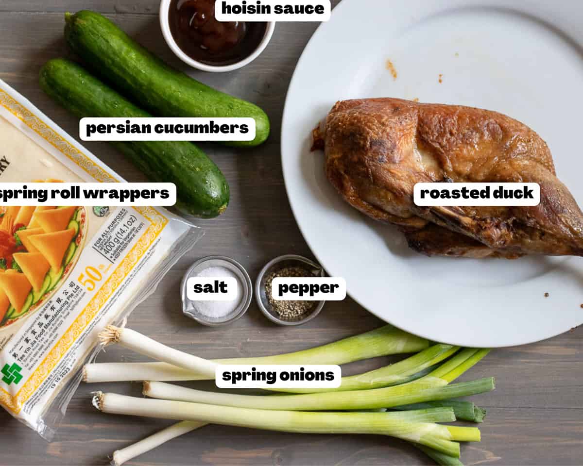 Labelled picture of ingredients for crispy duck rolls