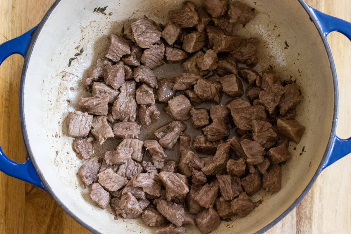 browning the diced meat in dutch oven