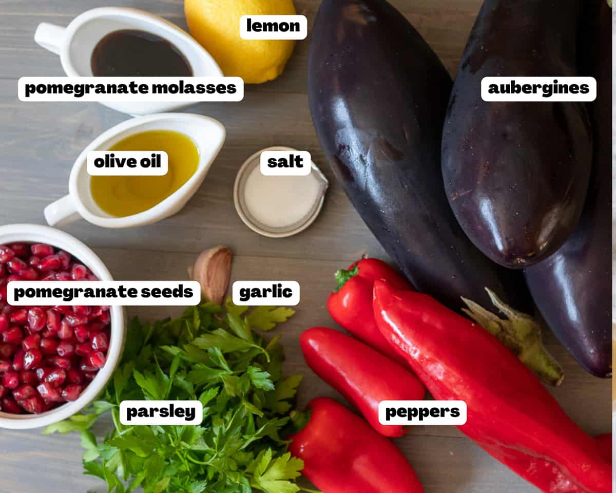 Labelled picture of ingredients for Baba Ganoush without tahini