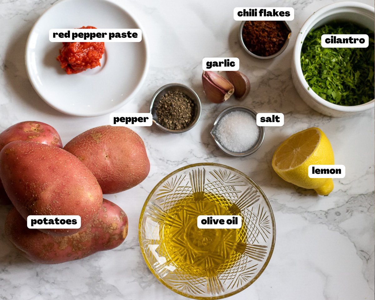 Labelled picture of ingredients for Batata harra - Lebanese potatoes