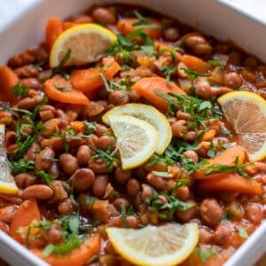 Barbunya Pilaki is a vegan Turkish style cooked borlotti beans