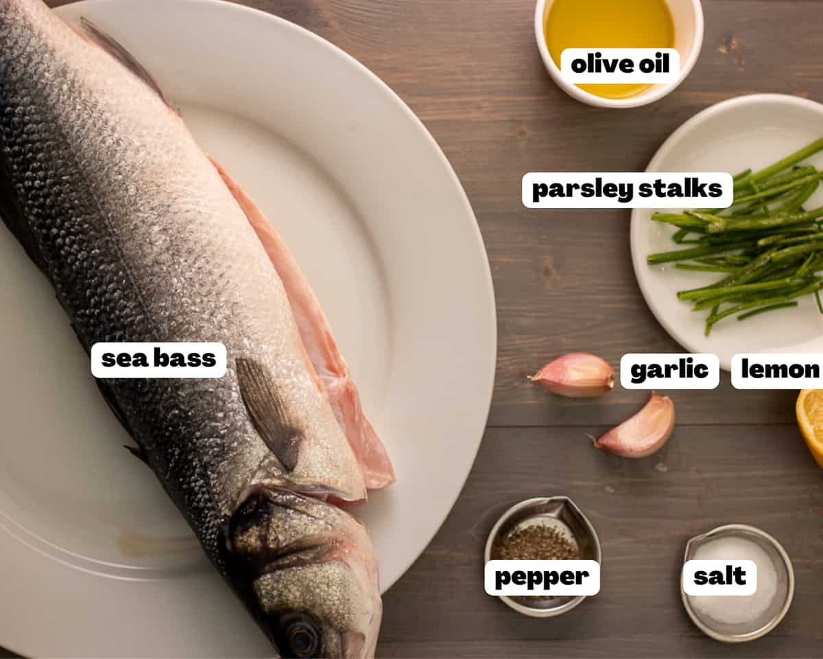 labeled picture of ingredients for baked sea bass in foil - firinda lever