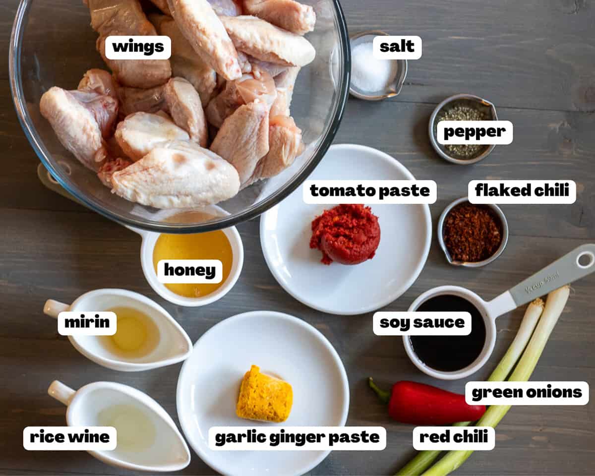 Labelled picture of ingredients for spicy baked chicken wings