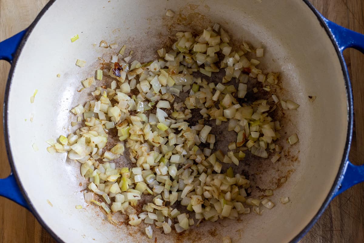 Sautéing the onions in a Dutch oven 