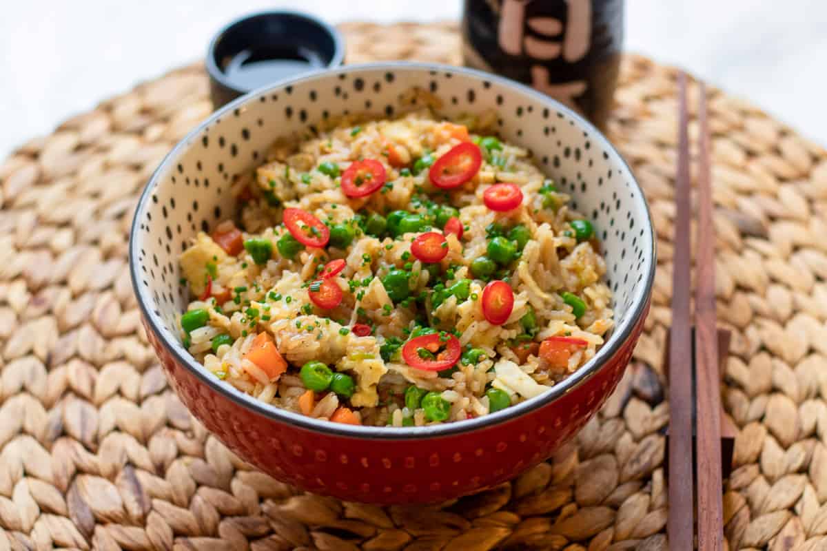 Spicy egg fried rice served in a bowl