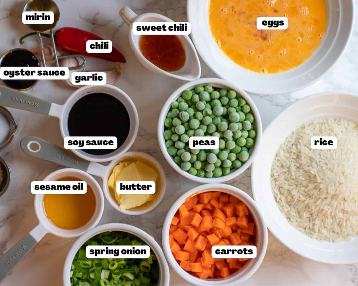 Labelled picture of ingredients for spicy egg fried rice