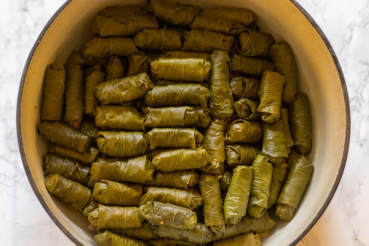 dolmas are arranged in dutch oven
