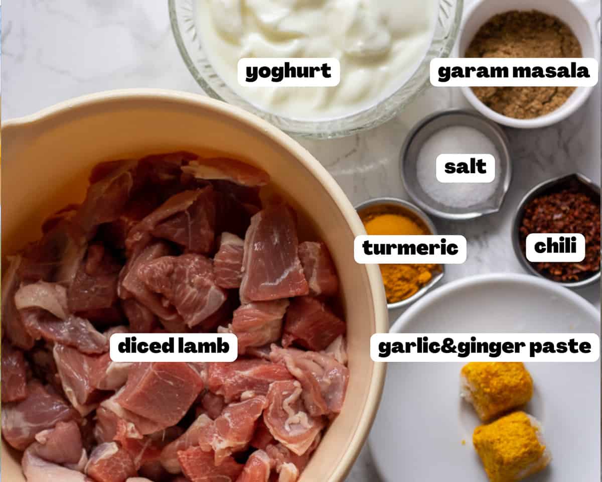 labeled pictiures of ingredients for marinating Hyderabadi mutton biryani 
