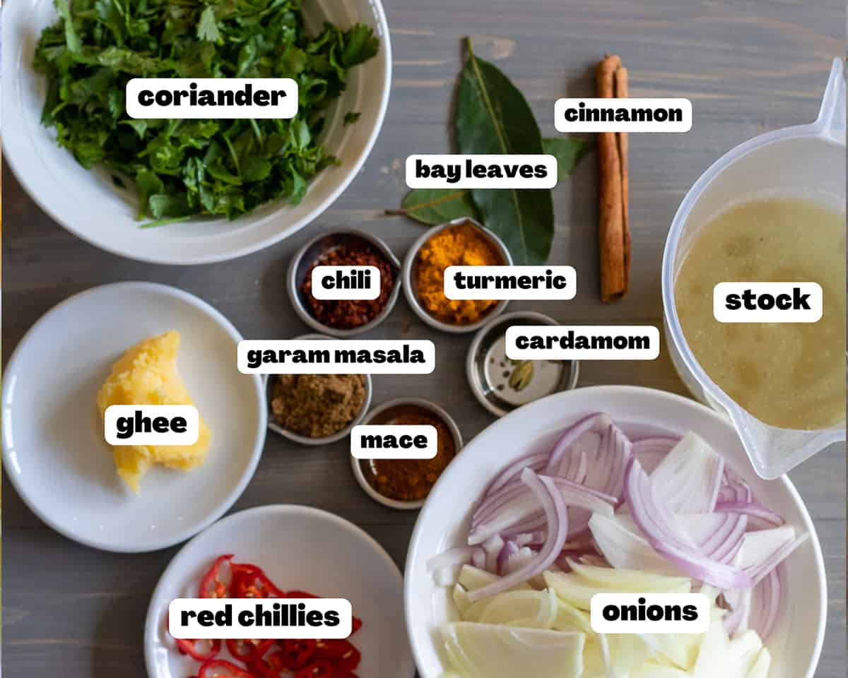labeled picture of ingredients for mutton biryani