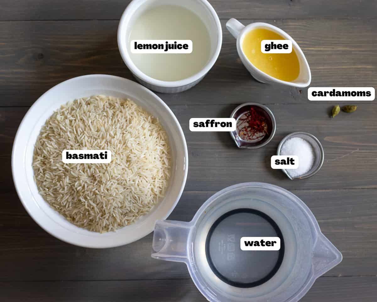 Labelled picture of ingredients for Hyderabadi mutton biryani rice