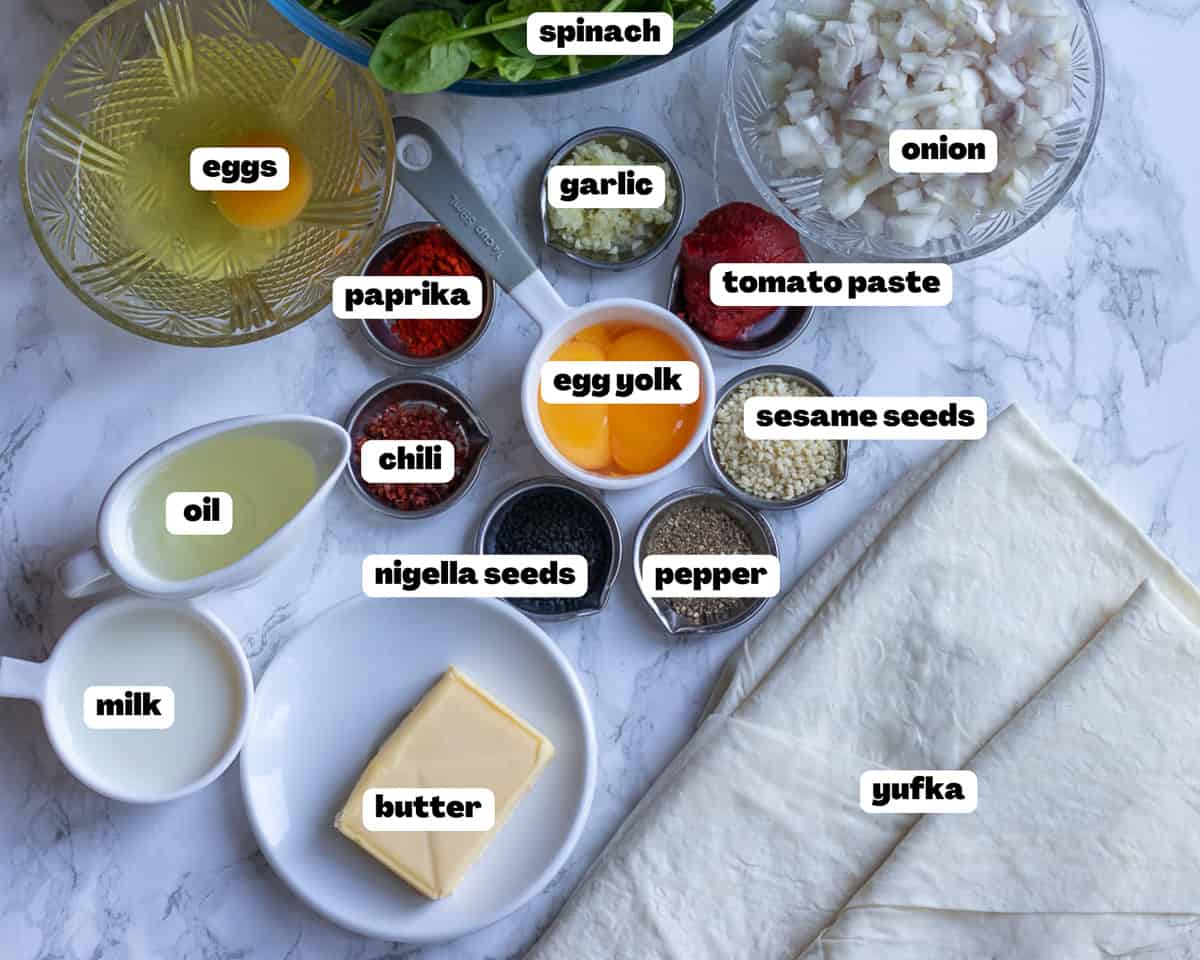 Labelled picture of ingredients for spinach borek