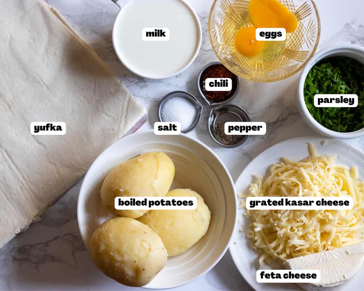 Labelled picture of ingredients for potato borek