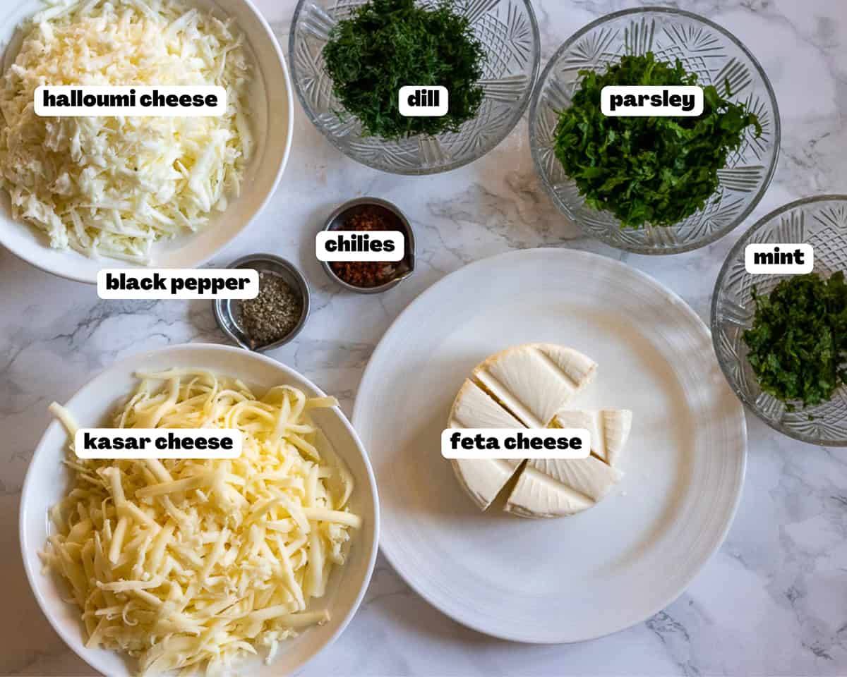 Labelled picture of ingredients for cheese borek