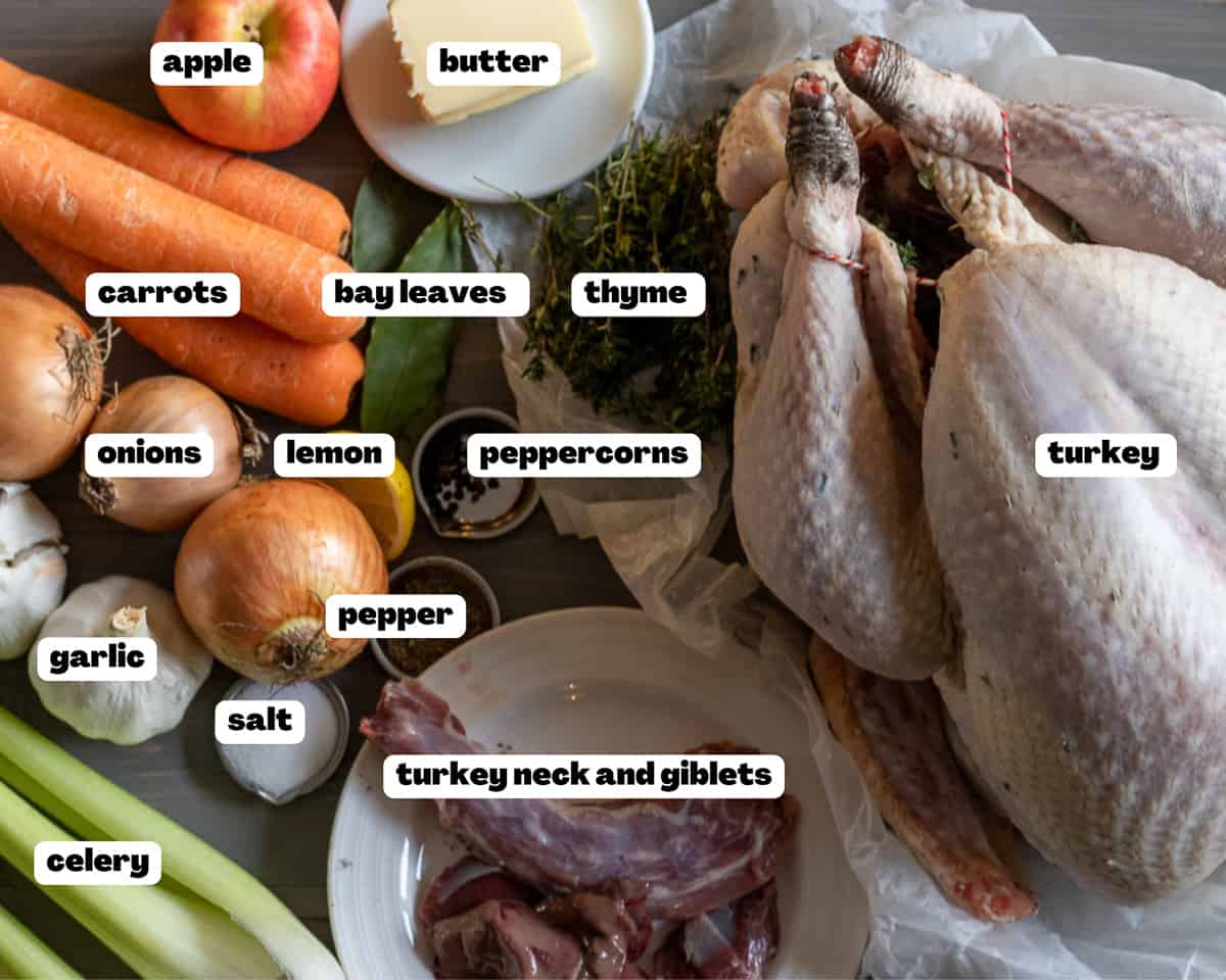Labelled picture of ingredients for oven roasted turkey 