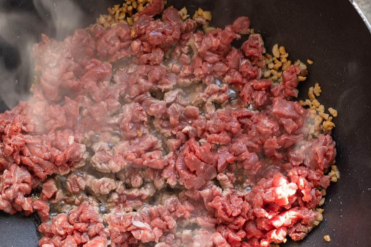 finely chopped beef added to the rendered fat