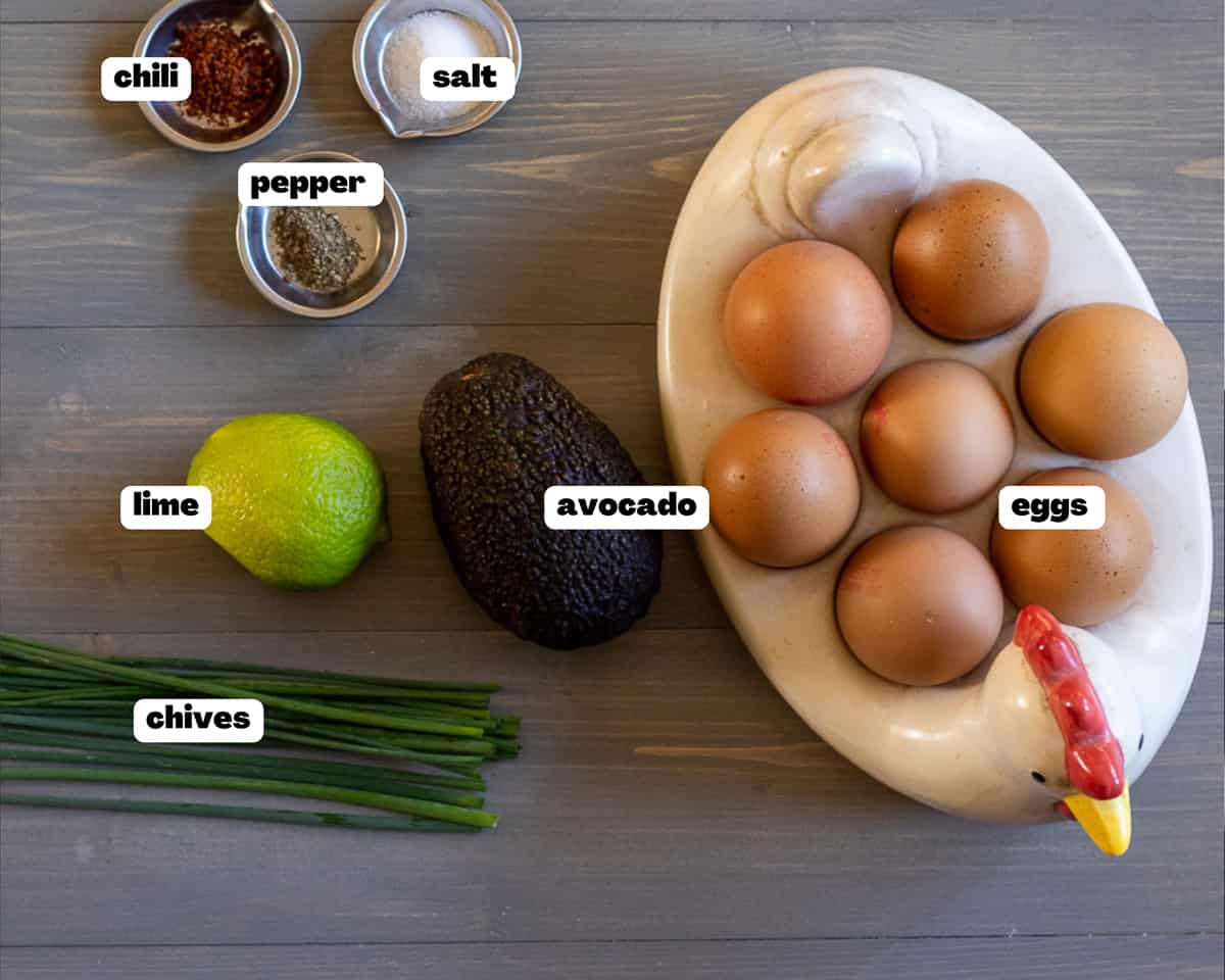 Labelled picture of ingredients for avocado devilled eggs
