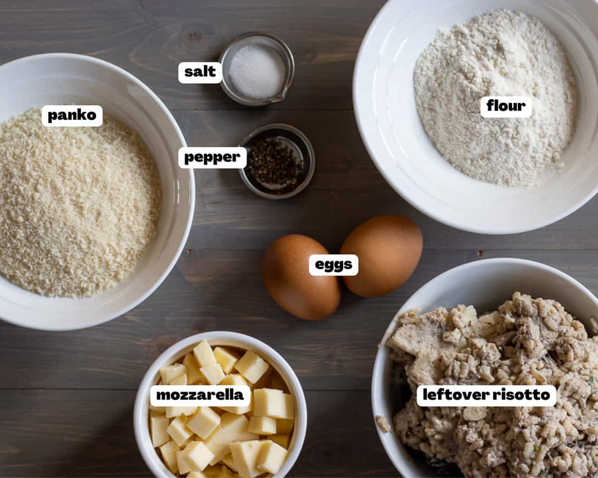 Labelled picture of ingredients for Italian rice balls - arancini