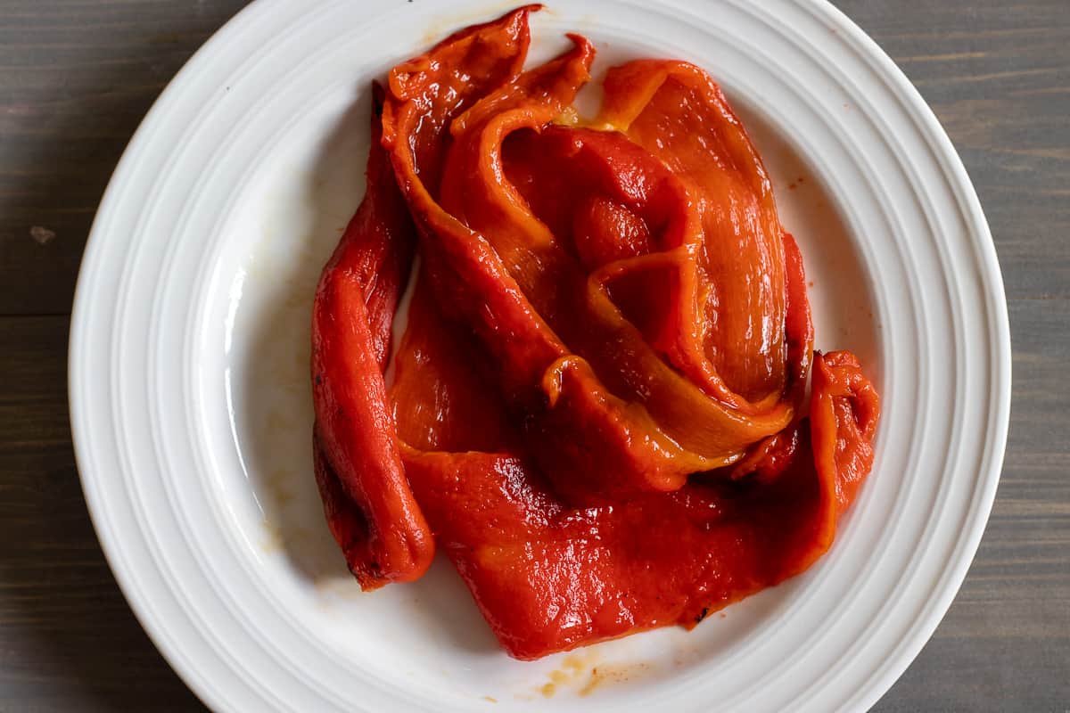 peeled and deseeded red pepper and chili on a plate