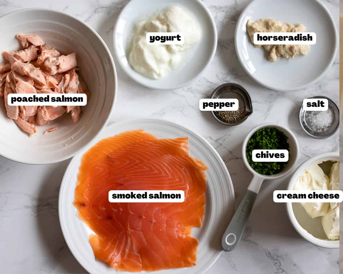 Labelled picture of ingredients for smoked salmon pate
