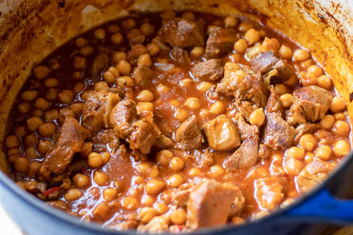 Turkish lamb stew with chickpeas is cooked in the oven for 2 hours