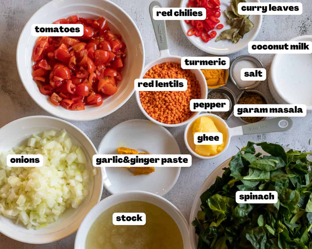labelled picture of ingredients for dal palak