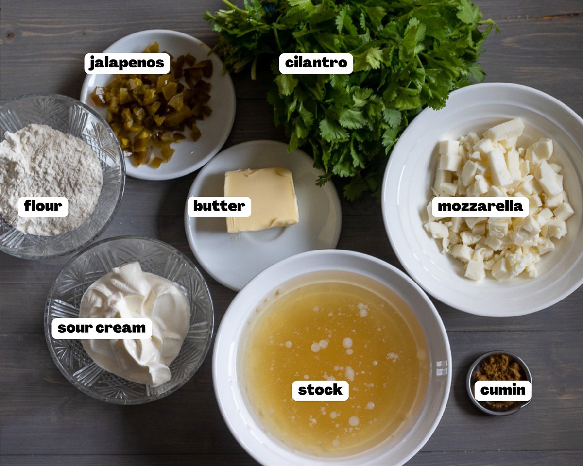 Labelled picture of ingredients for white sauce for the enchiladas