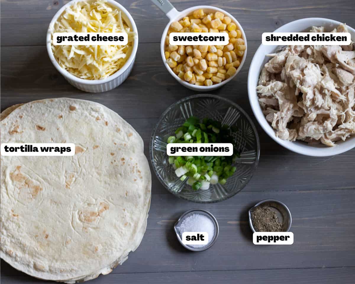 Labelled picture of ingredients for creamy chicken enchiladas with white sauce