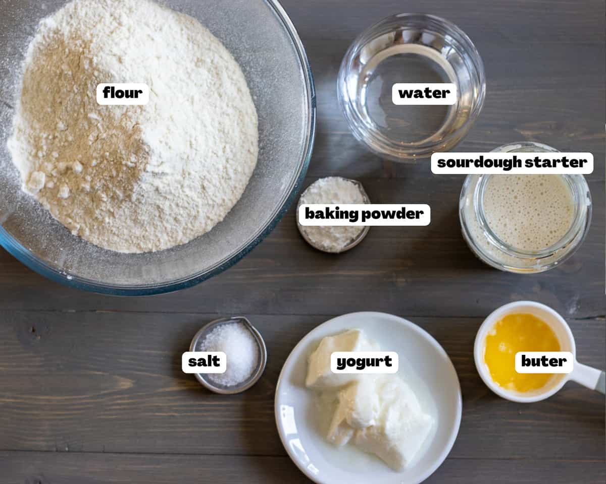Labelled picture of ingredients for easy rustic sourdough flatbread recipe