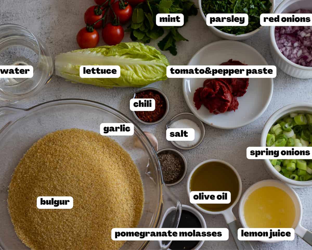 Labelled picture of ingredients for kisir salad
