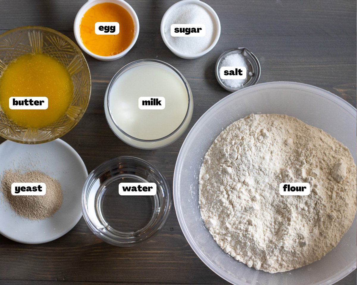 Labelled picture of ingredients for fluffy Japanese Hokkaido milk bread recipe